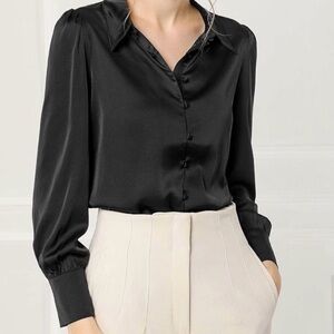 Allegra K Black Satin Button-Up Blouse